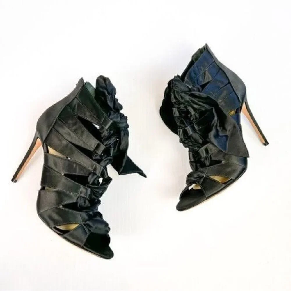 Alexandre Birman Black Satin Layla Ankle Booties EU 38.5 High Heeled Stiletto